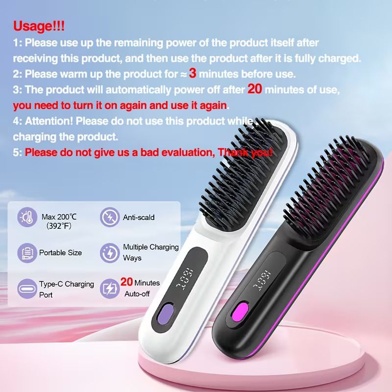 Wireless Straightening Comb | 2-In-1 Curl & Straighten, Quick Heating, Suitable for All Hair Types, Anti-Scald Design, Led Digital Display, Usb Rechargeable, Automatic Power-Off, Lightweight  Portable