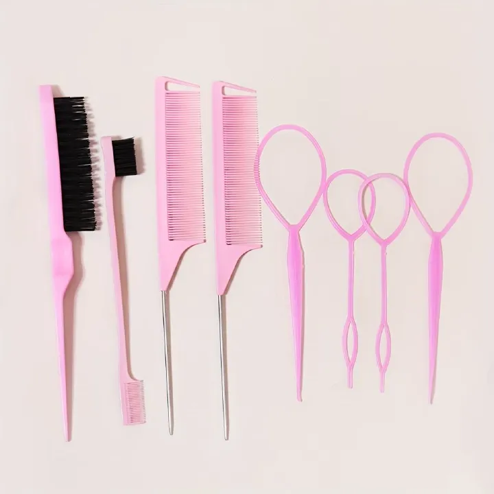 8pcs Hair Styling Tools, Including 2 Pairs of French Braid Rings, 2 Rat Tail Combs, 1 Tearing Comb Brush, And 1 Edge Control Brush for Hair Arrangement.