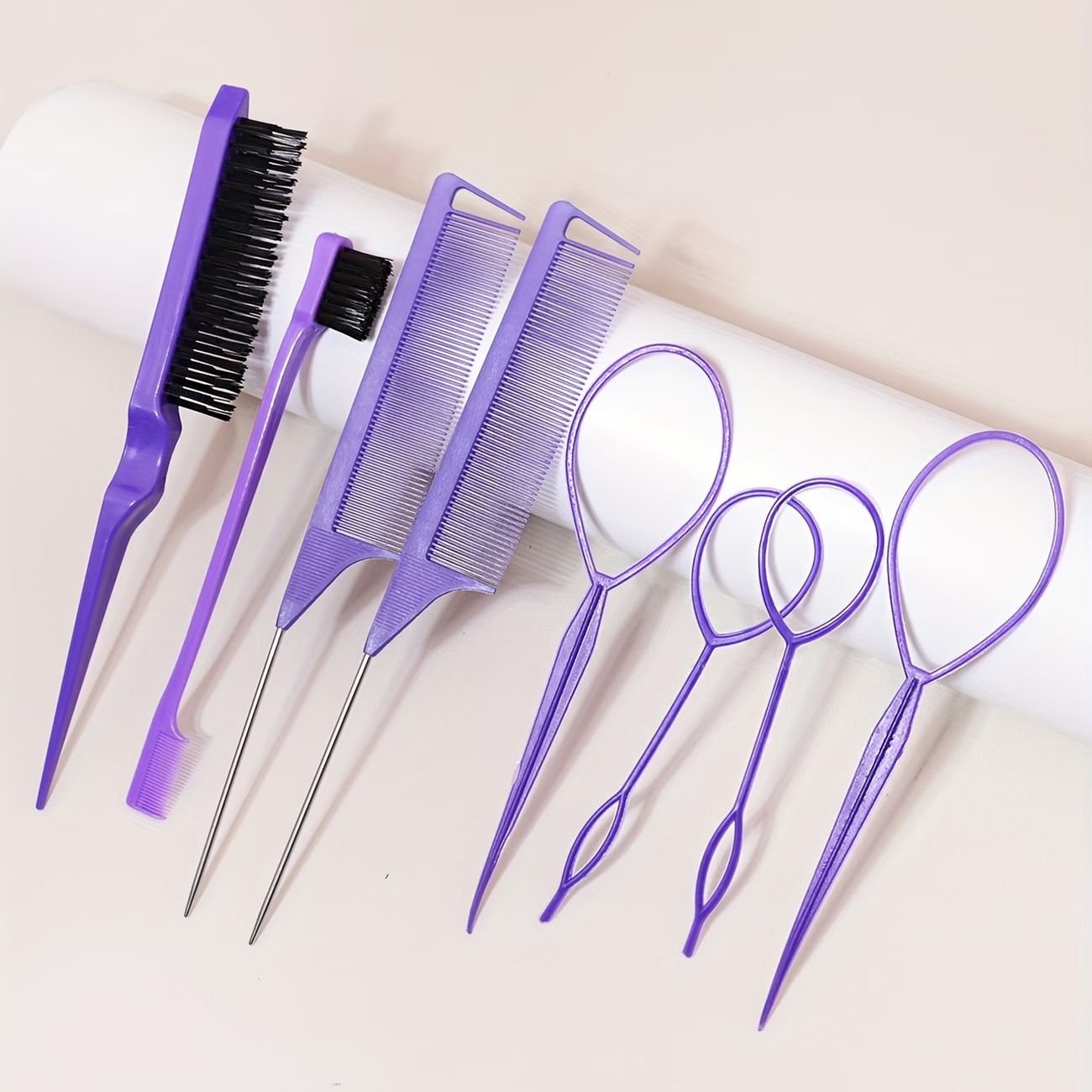 8pcs Hair Styling Tools, Including 2 Pairs of French Braid Rings, 2 Rat Tail Combs, 1 Tearing Comb Brush, And 1 Edge Control Brush for Hair Arrangement.