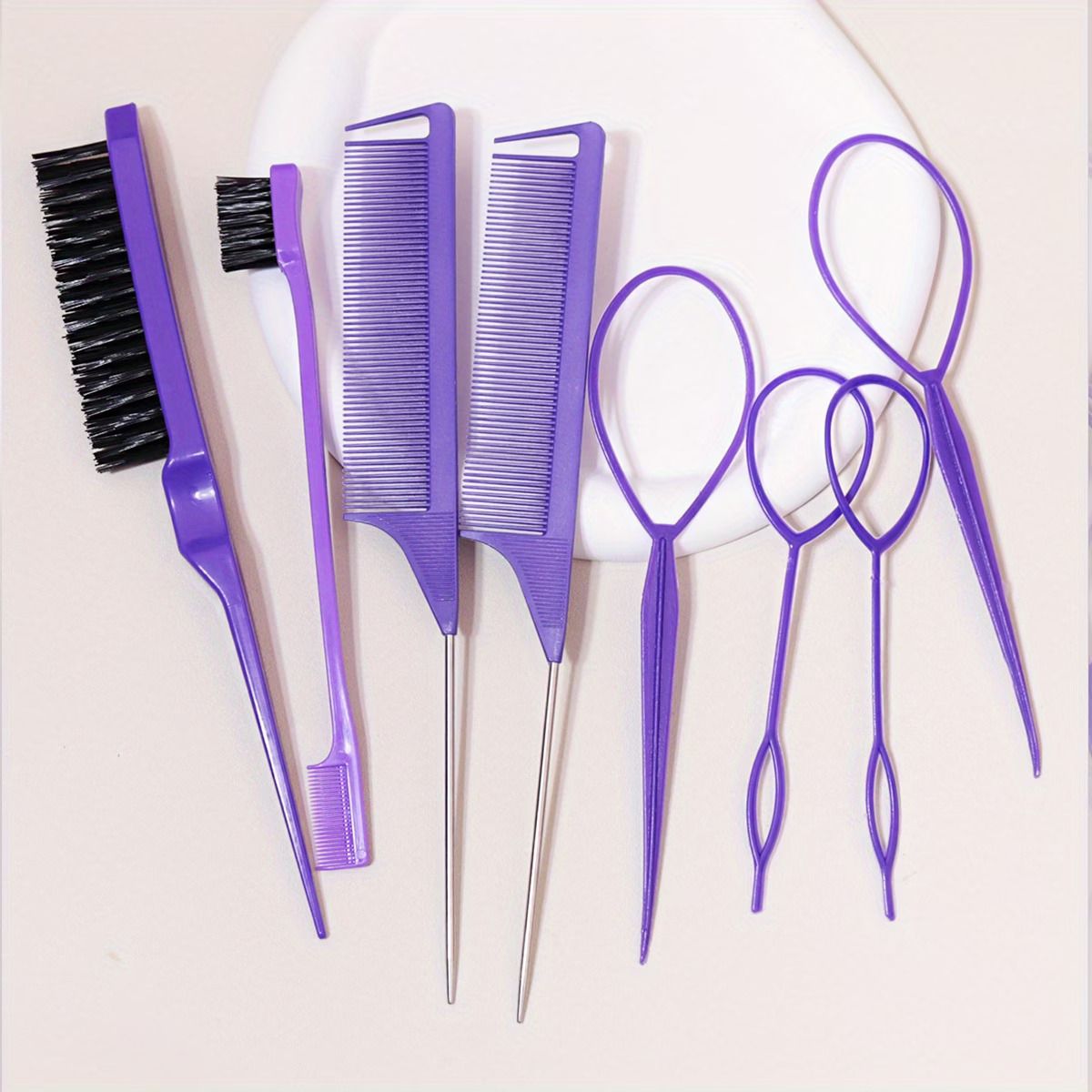 8pcs Hair Styling Tools, Including 2 Pairs of French Braid Rings, 2 Rat Tail Combs, 1 Tearing Comb Brush, And 1 Edge Control Brush for Hair Arrangement.