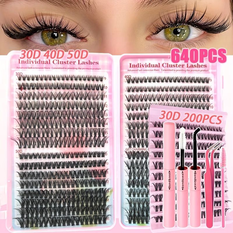 640pcs Eyelash Extension Kit, Containing Individual Lash Clusters with Mixed Lengths of 9-16 Mm, Available in 30D, 40D, And 50D Curl Types. This Eyelash Kit Includes, Sealant, And a Brush.