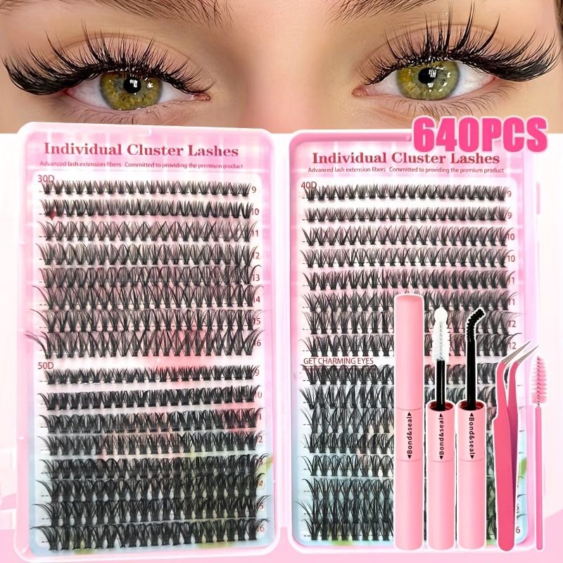 640pcs Eyelash Extension Kit, Containing Individual Lash Clusters with Mixed Lengths of 9-16 Mm, Available in 30D, 40D, And 50D Curl Types. This Eyelash Kit Includes, Sealant, And a Brush.