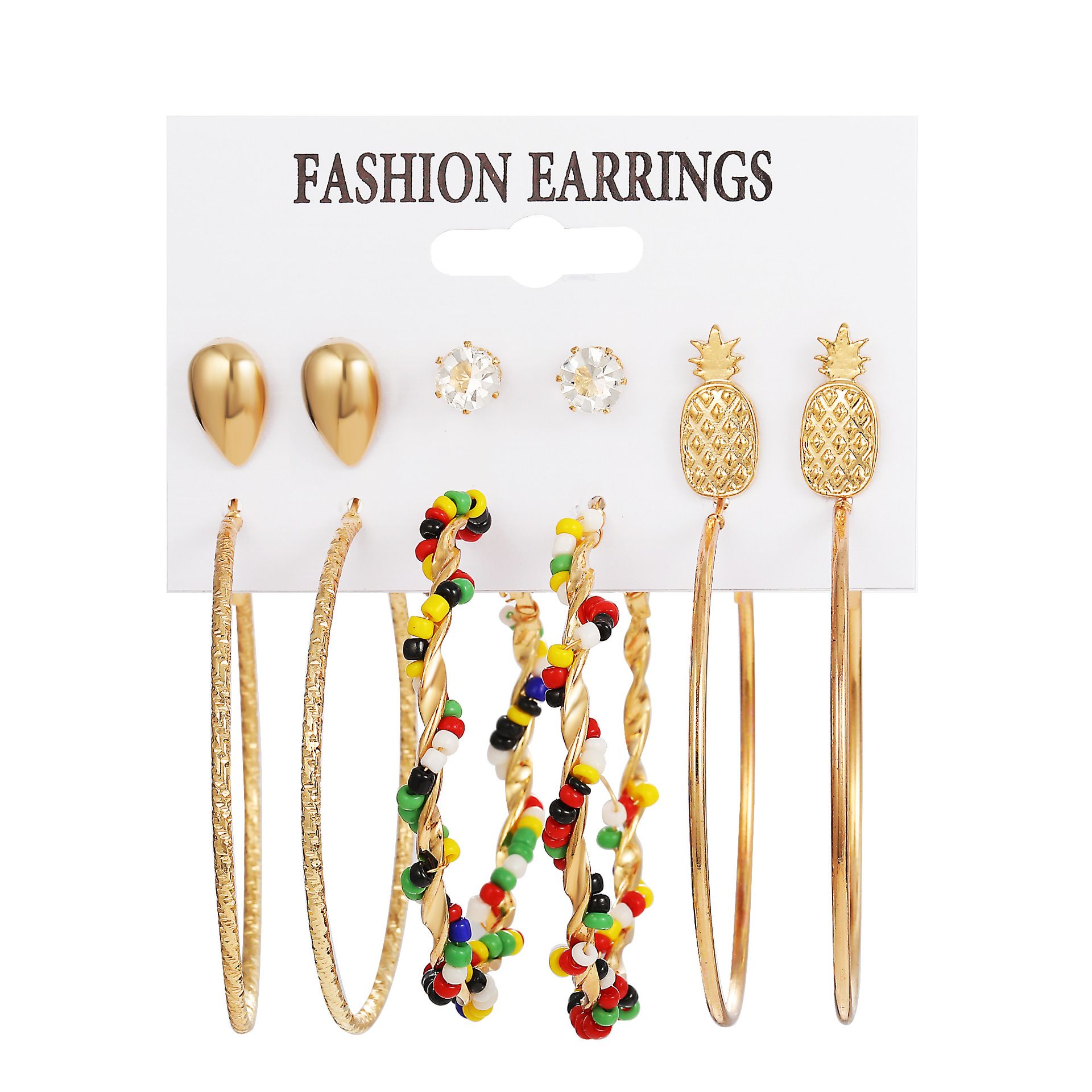 6-piece earring set, pineapple diamond stud earrings, winding colored rice beads, large round earrings