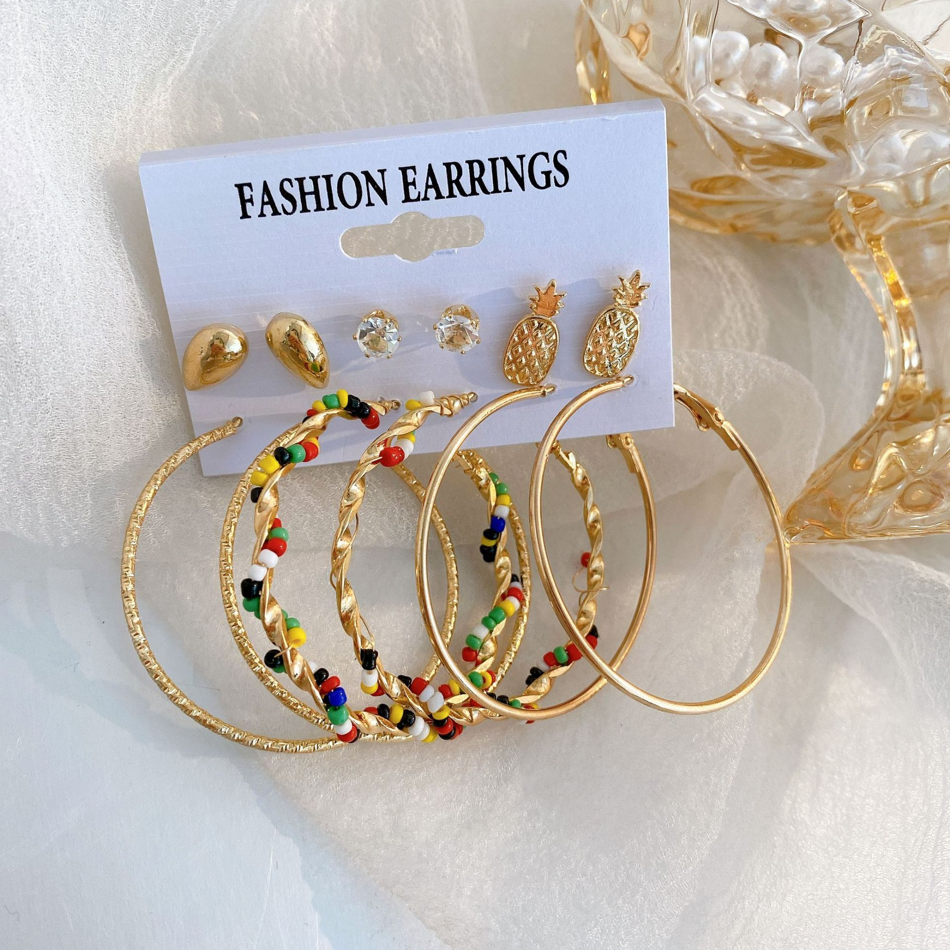 6-piece earring set, pineapple diamond stud earrings, winding colored rice beads, large round earrings