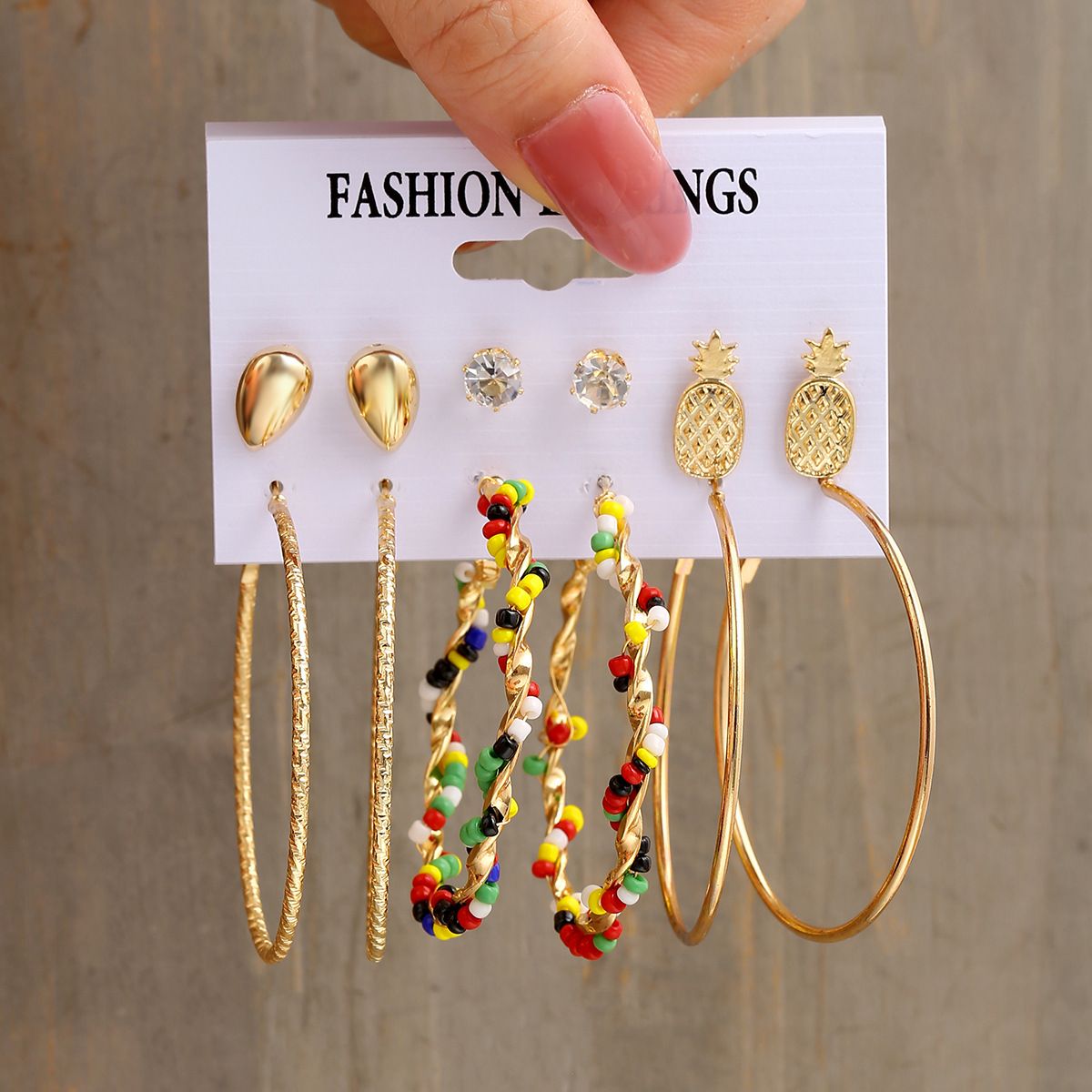 6-piece earring set, pineapple diamond stud earrings, winding colored rice beads, large round earrings Gold