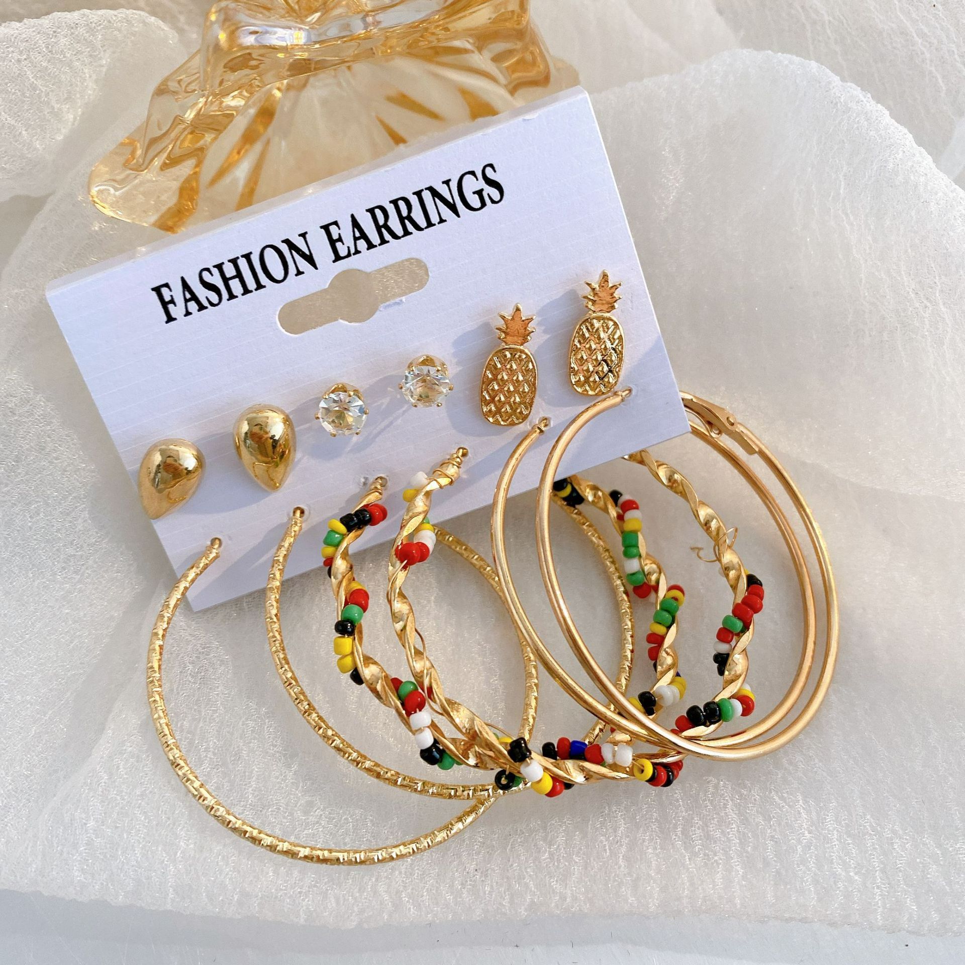 6-piece earring set, pineapple diamond stud earrings, winding colored rice beads, large round earrings