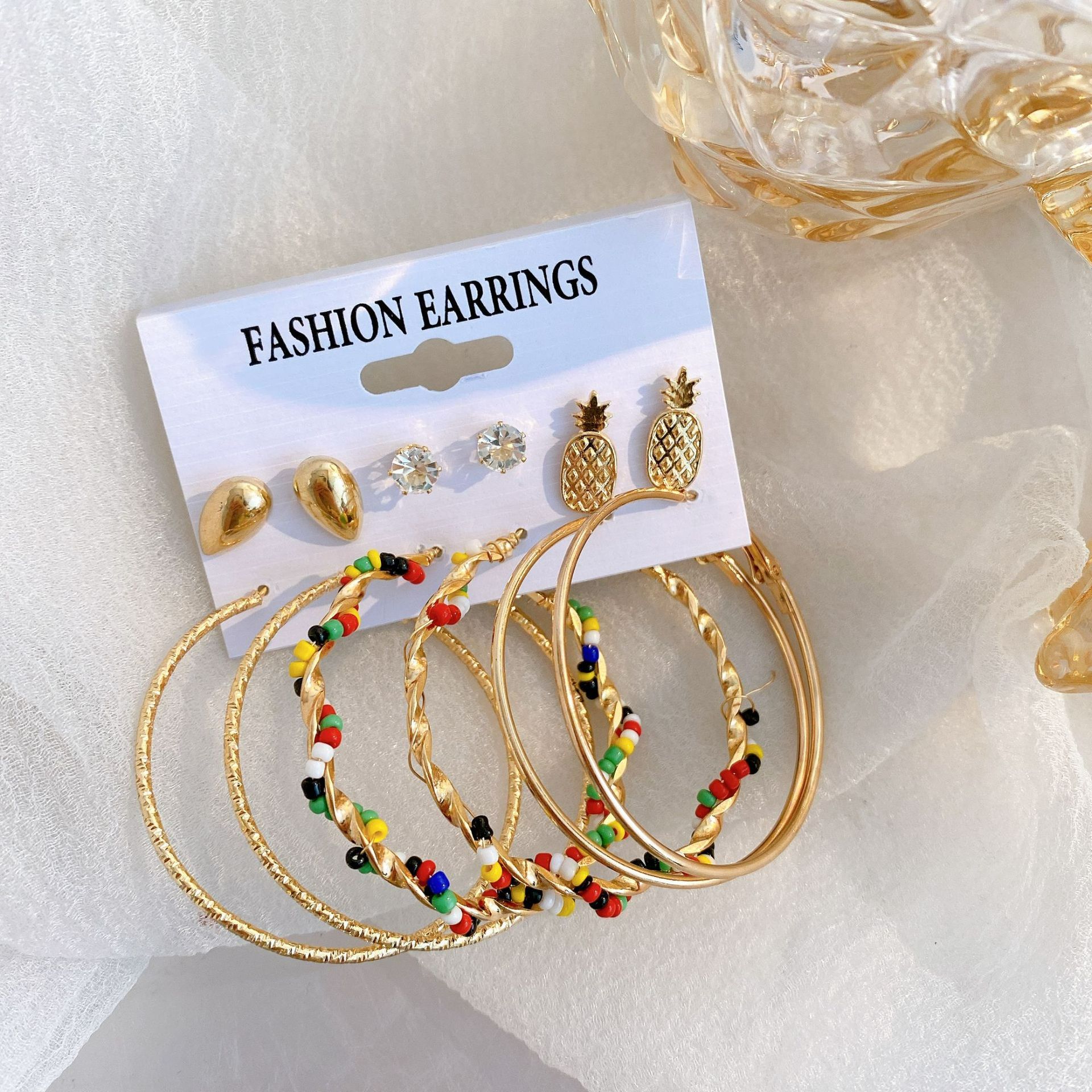 6-piece earring set, pineapple diamond stud earrings, winding colored rice beads, large round earrings