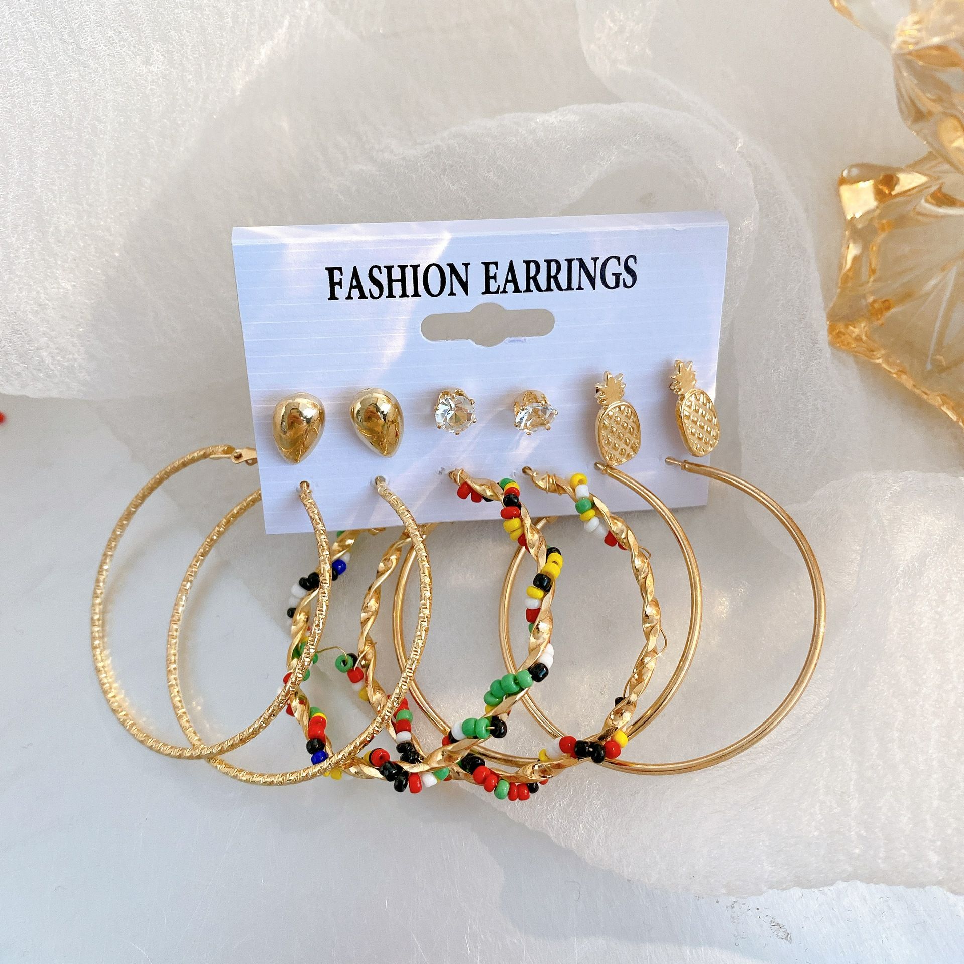 6-piece earring set, pineapple diamond stud earrings, winding colored rice beads, large round earrings