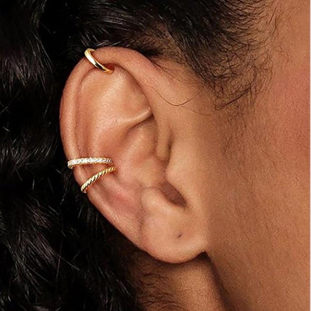 3 Pieces/Set Ear Clip Without Ear Holes, Ear Bone Clip with diamond inlay, C-shaped personality, fashionable temperament, compact ear clip Gold