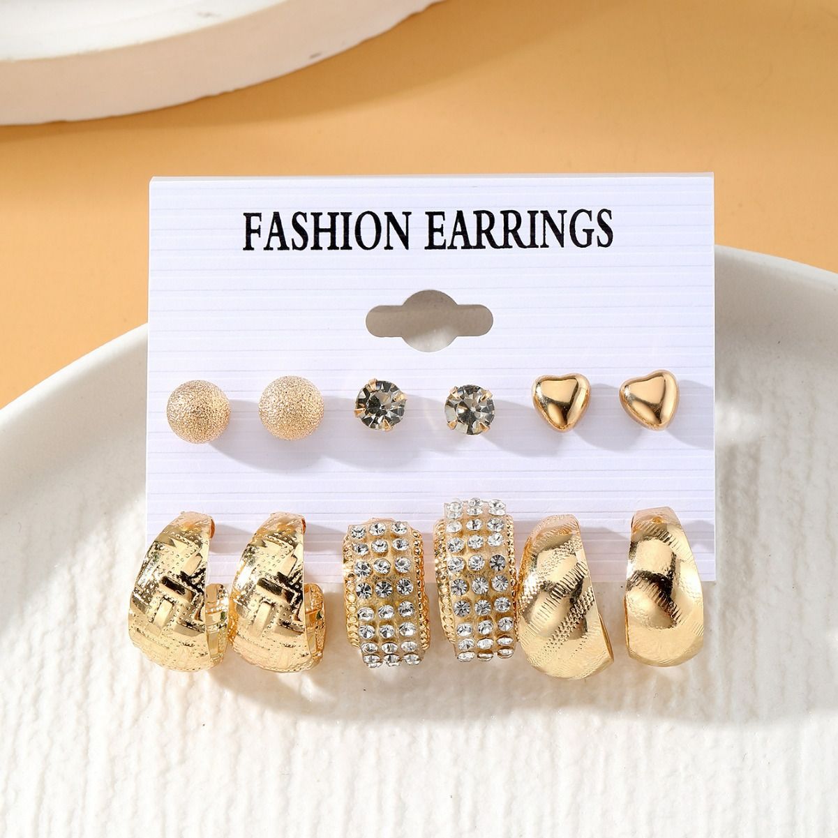 6 Pieces Set of retro geometric hammered pattern creative heart studded diamond earrings metal earrings Gold