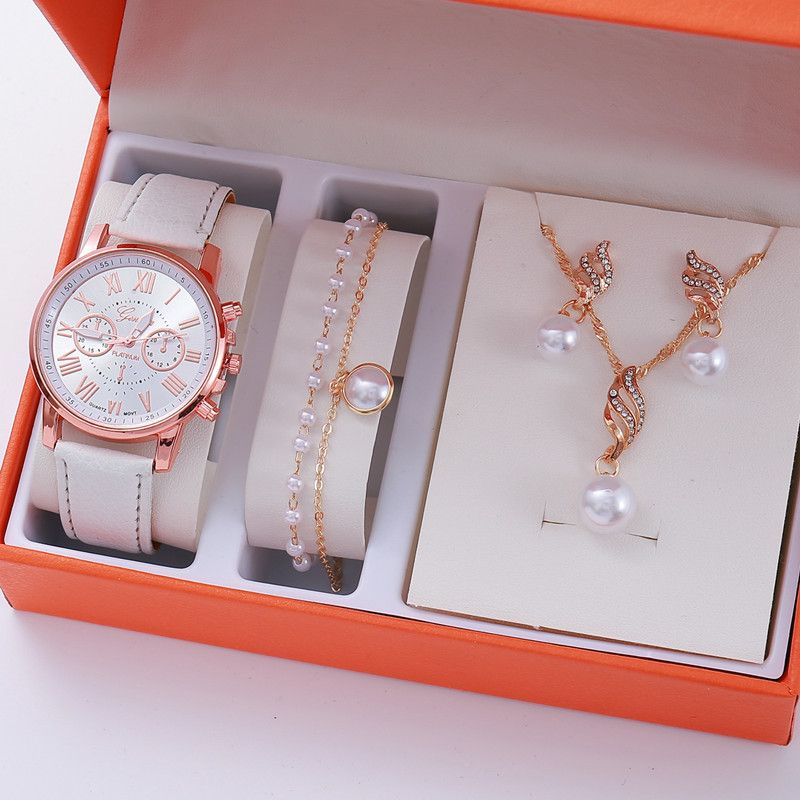 4-Piece Set of Watch and Jewelry Set Women's high-end quartz watch with pearl necklace earrings and braclet set White