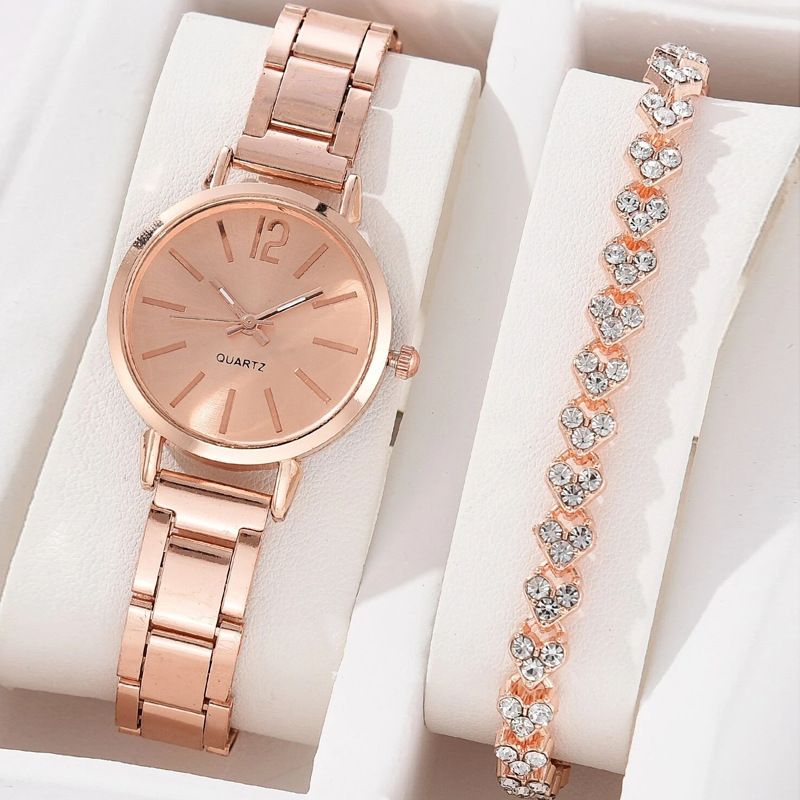 2-Piece Set Quartz Watch Bracelet Set with steel strap for women's watches, fashionable, simple and trendy women's quartz watch bracelet set Rose Gold