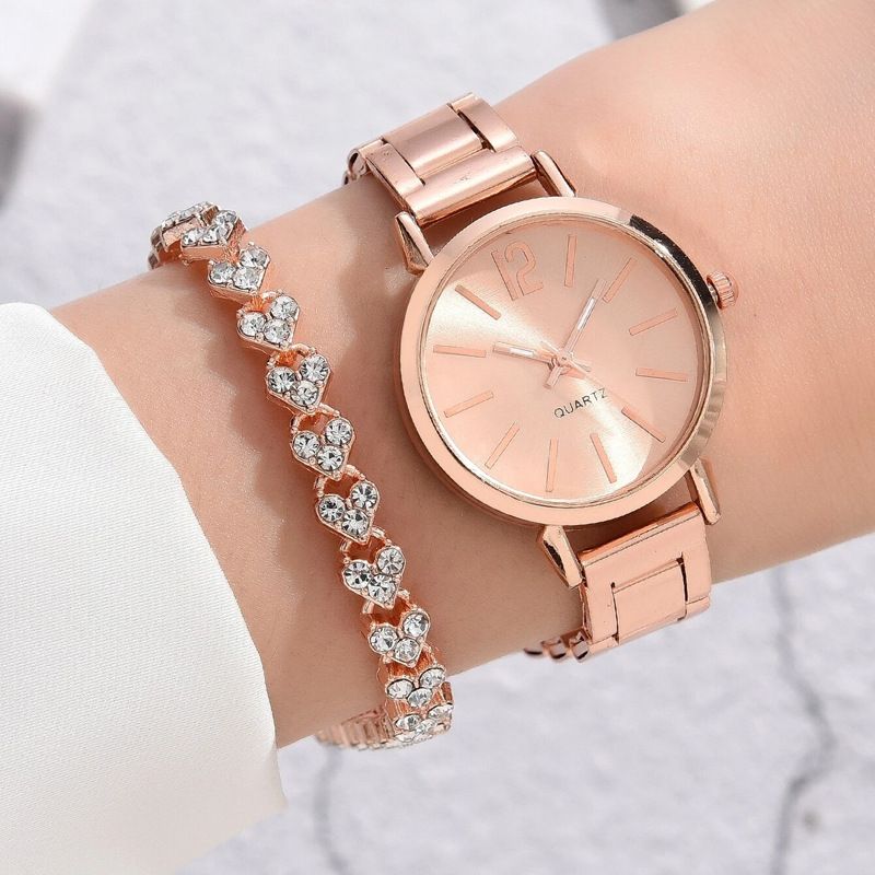2-Piece Set Quartz Watch Bracelet Set with steel strap for women's watches, fashionable, simple and trendy women's quartz watch bracelet set