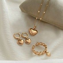 4 Pieces/Set Golden Peach Heart Earrings & Rings & Necklaces Alloy Fashion Accessories Set