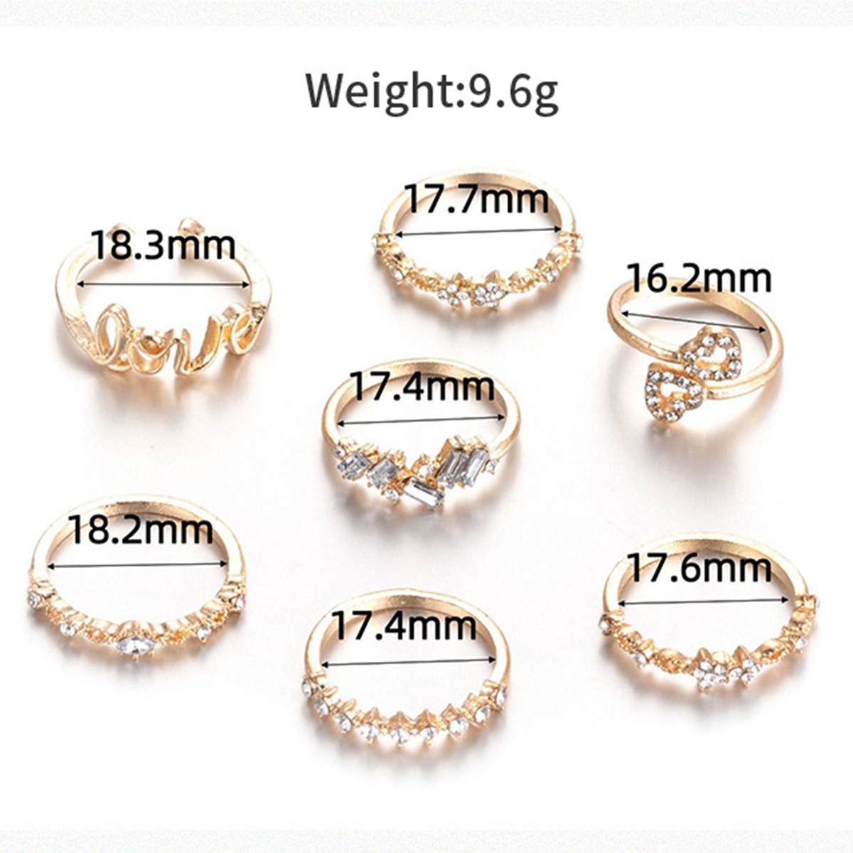 7 Pieces / Set Rings Golden Rings Love and Diamond Rings Fashion Accessories