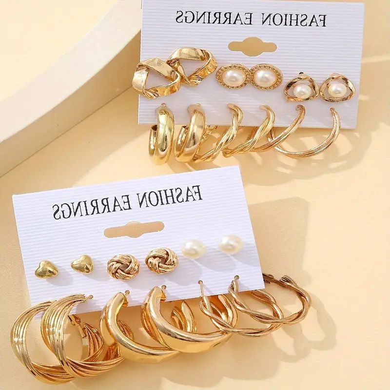 24 Pieces!! Earrings Set Retro Gold Geometric Women's Fashionable Pearl Earrings