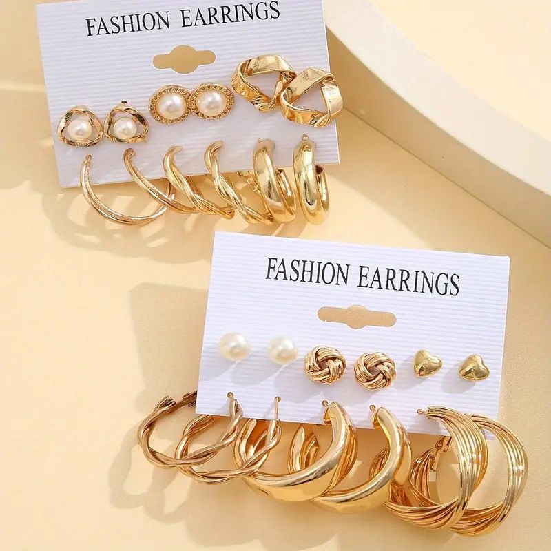24 Pieces!! Earrings Set Retro Gold Geometric Women's Fashionable Pearl Earrings