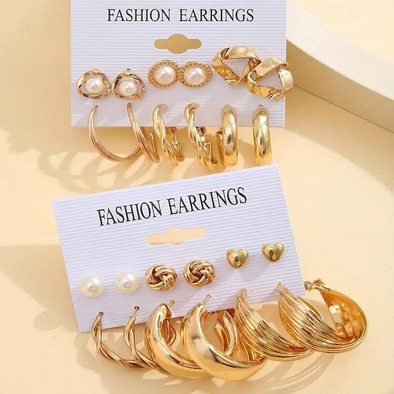 24 Pieces!! Earrings Set Retro Gold Geometric Women's Fashionable Pearl Earrings