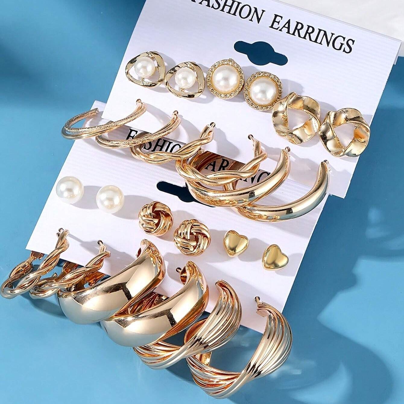 24 Pieces!! Earrings Set Retro Gold Geometric Women's Fashionable Pearl Earrings