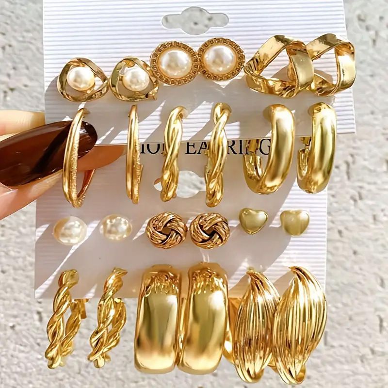 24 Pieces!! Earrings Set Retro Gold Geometric Women's Fashionable Pearl Earrings