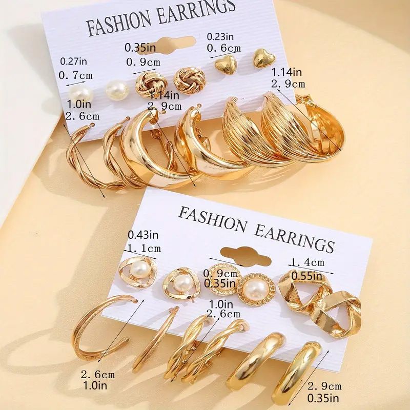 24 Pieces!! Earrings Set Retro Gold Geometric Women's Fashionable Pearl Earrings
