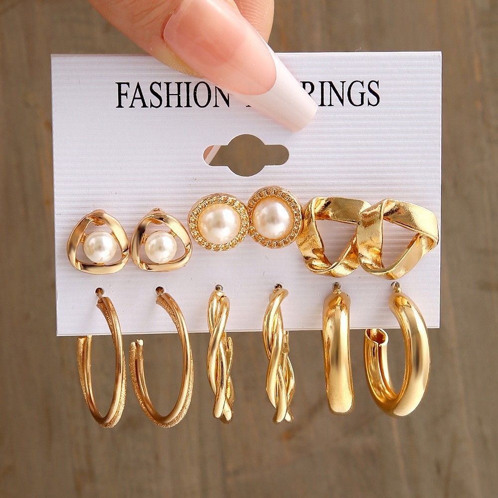 24 Pieces!! Earrings Set Retro Gold Geometric Women's Fashionable Pearl Earrings