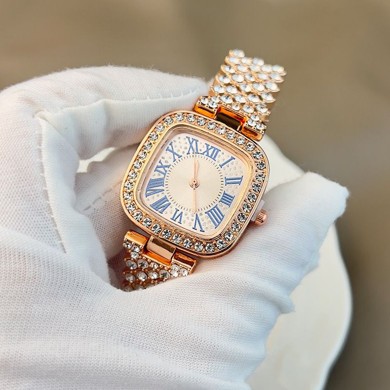 Ladies' quartz watch with starry sky and diamond inlay, ladies' small square watch with fashionable temperament, full diamond square bracelet, quartz women's watch