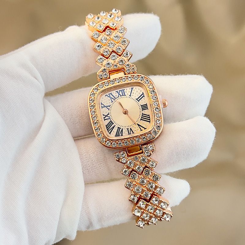 Ladies' quartz watch with starry sky and diamond inlay, ladies' small square watch with fashionable temperament, full diamond square bracelet, quartz women's watch