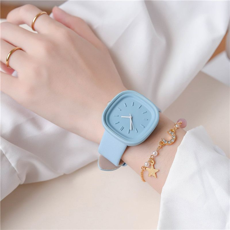 2-Piece Set Watch + Bracelet Macaron Colored Sports Watch ins Girl's Fashion Square Watch Student Watch for Girls and Ladies