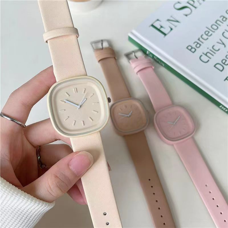 2-Piece Set Watch + Bracelet Macaron Colored Sports Watch ins Girl's Fashion Square Watch Student Watch for Girls and Ladies