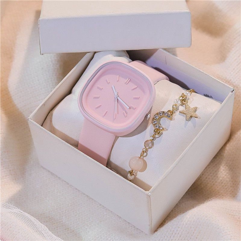2-Piece Set Watch + Bracelet Macaron Colored Sports Watch ins Girl's Fashion Square Watch Student Watch for Girls and Ladies