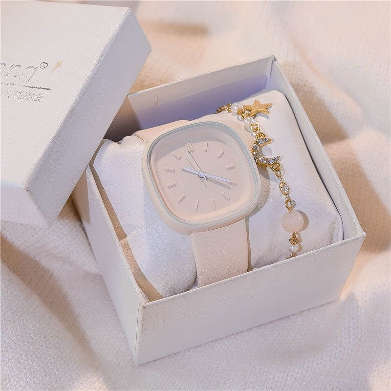 2-Piece Set Watch + Bracelet Macaron Colored Sports Watch ins Girl's Fashion Square Watch Student Watch for Girls and Ladies