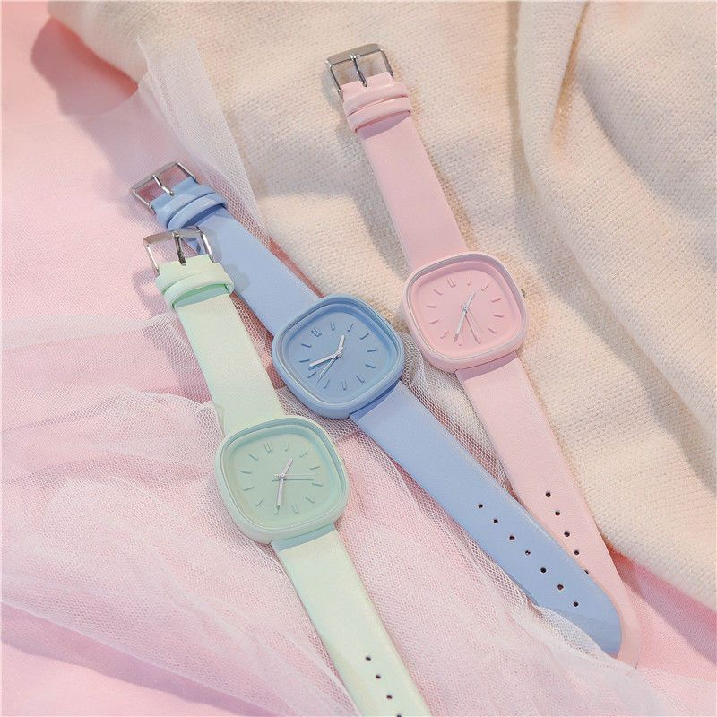 2-Piece Set Watch + Bracelet Macaron Colored Sports Watch ins Girl's Fashion Square Watch Student Watch for Girls and Ladies