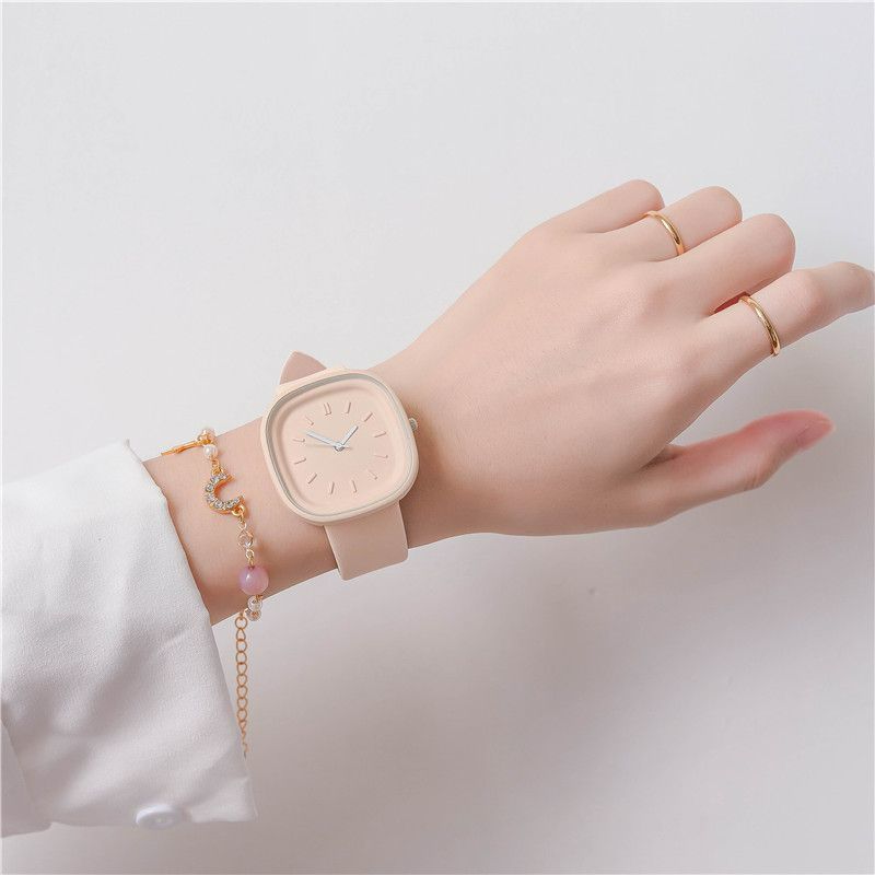 2-Piece Set Watch + Bracelet Macaron Colored Sports Watch ins Girl's Fashion Square Watch Student Watch for Girls and Ladies