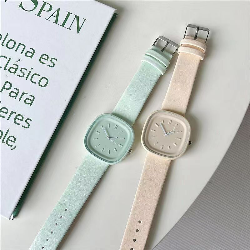 2-Piece Set Watch + Bracelet Macaron Colored Sports Watch ins Girl's Fashion Square Watch Student Watch for Girls and Ladies