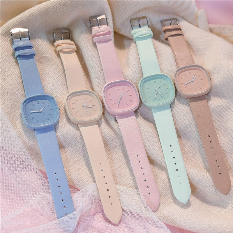 2-Piece Set Watch + Bracelet Macaron Colored Sports Watch ins Girl's Fashion Square Watch Student Watch for Girls and Ladies
