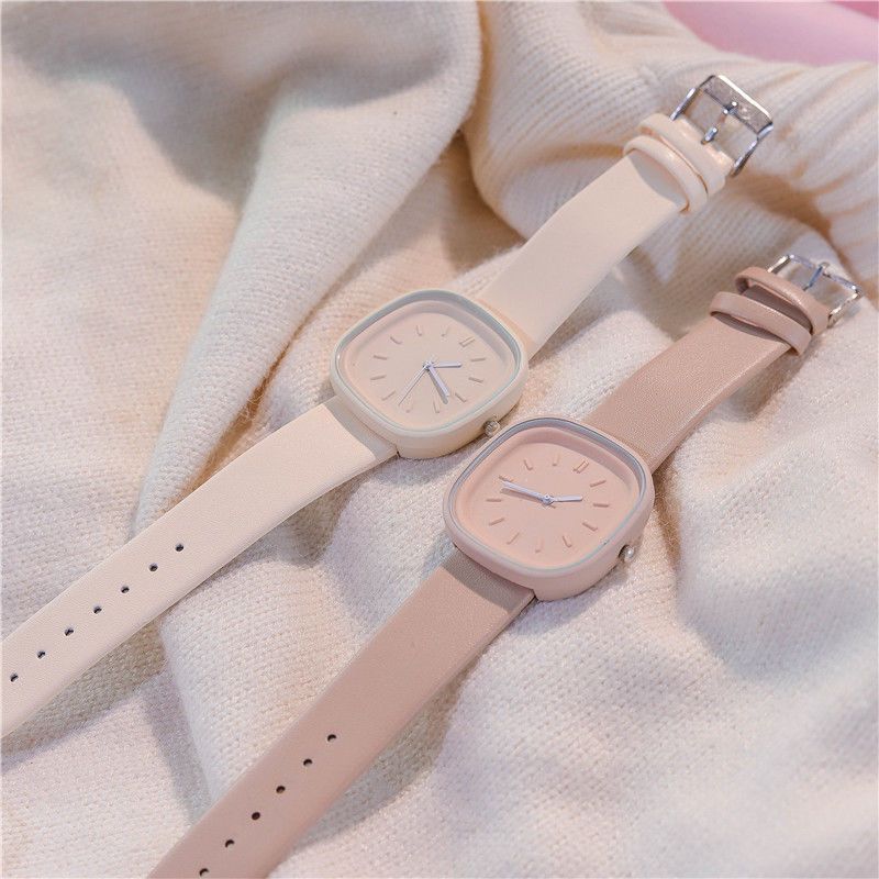 2-Piece Set Watch + Bracelet Macaron Colored Sports Watch ins Girl's Fashion Square Watch Student Watch for Girls and Ladies