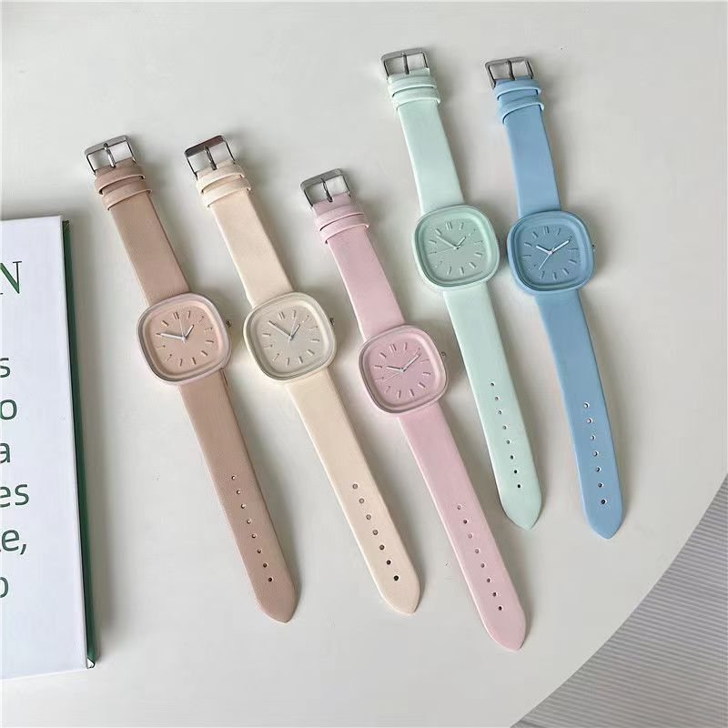 2-Piece Set Watch + Bracelet Macaron Colored Sports Watch ins Girl's Fashion Square Watch Student Watch for Girls and Ladies