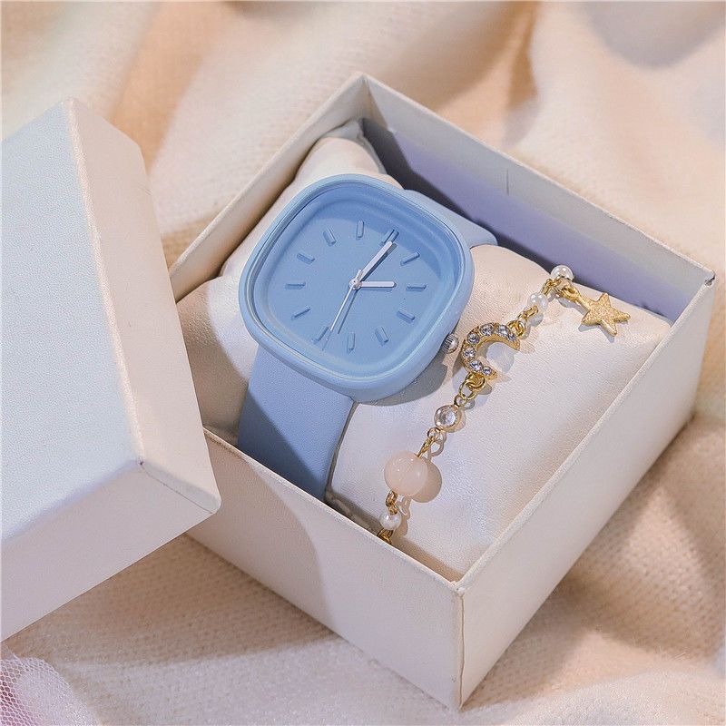2-Piece Set Watch + Bracelet Macaron Colored Sports Watch ins Girl's Fashion Square Watch Student Watch for Girls and Ladies