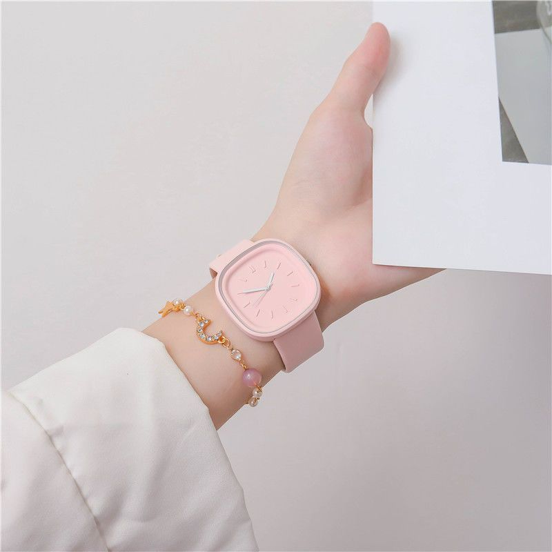 2-Piece Set Watch + Bracelet Macaron Colored Sports Watch ins Girl's Fashion Square Watch Student Watch for Girls and Ladies