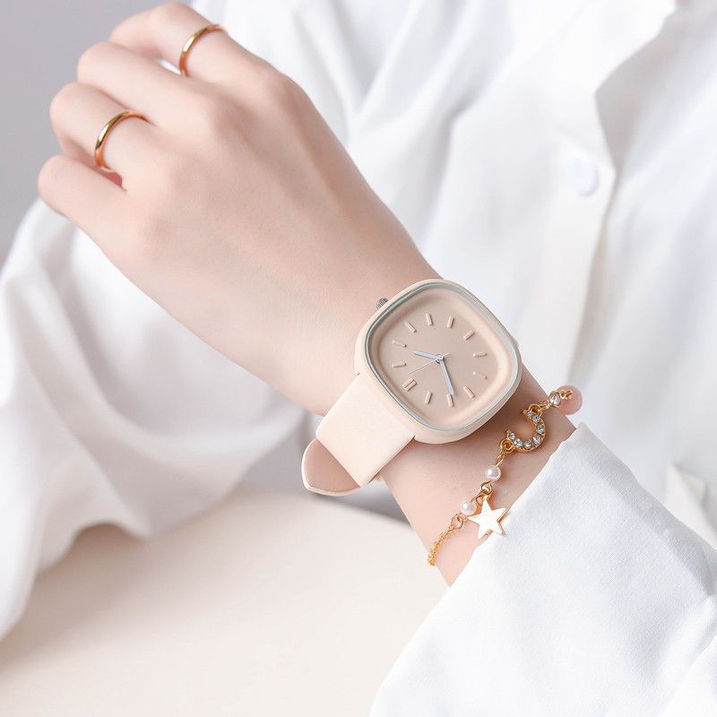 2-Piece Set Watch + Bracelet Macaron Colored Sports Watch ins Girl's Fashion Square Watch Student Watch for Girls and Ladies