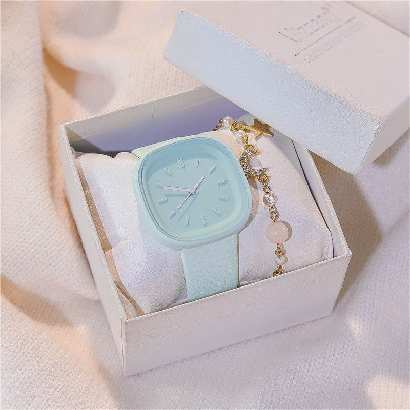 2-Piece Set Watch + Bracelet Macaron Colored Sports Watch ins Girl's Fashion Square Watch Student Watch for Girls and Ladies