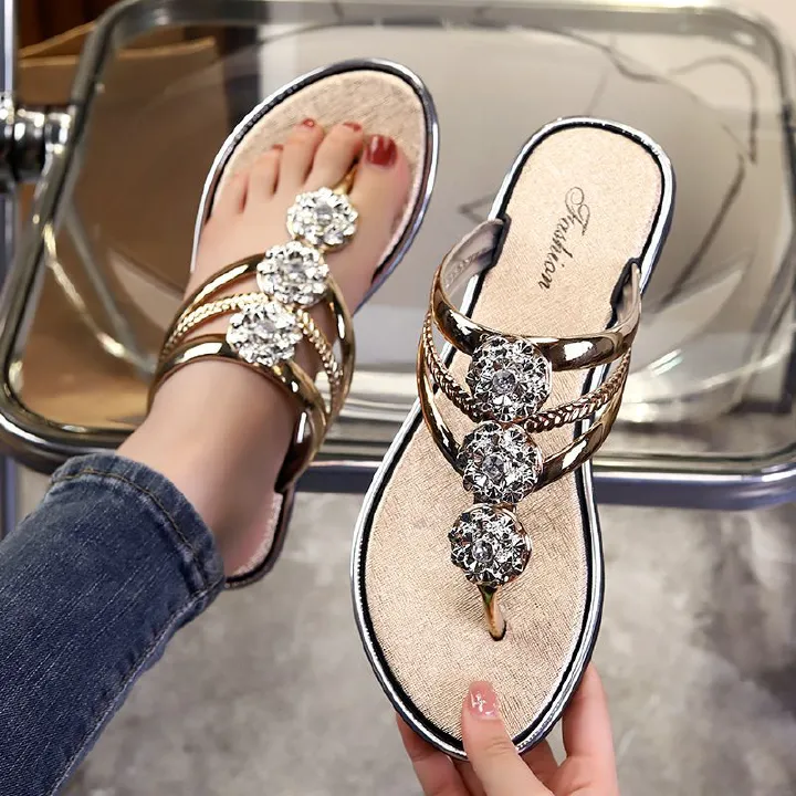 Women's slippers rhinestone sequin sandals girls outdoor pinch-foot flat ladies shoes flower flip-flops students lightweight outside wear Flip Flops