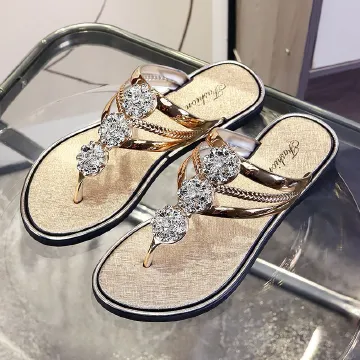 Women's slippers rhinestone sequin sandals girls outdoor pinch-foot flat ladies shoes flower flip-flops students lightweight outside wear Flip Flops Gold,EU38