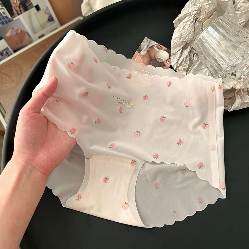 5PC women's strawberry Ice silk panties girls ultra thin underwear ladies seamless quick-drying students cotton crotch antibacterial mid-waist briefs