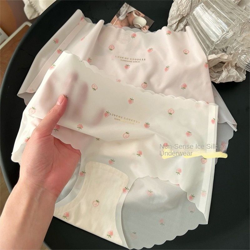 5PC women's strawberry Ice silk panties girls ultra thin underwear ladies seamless quick-drying students cotton crotch antibacterial mid-waist briefs