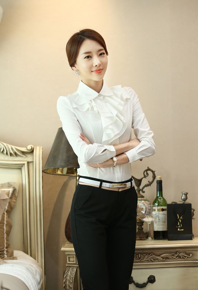Size M-2XL women's clothing women's lotus ruffle white long-sleeved tops ladies professional lapel clothes girls blouse
