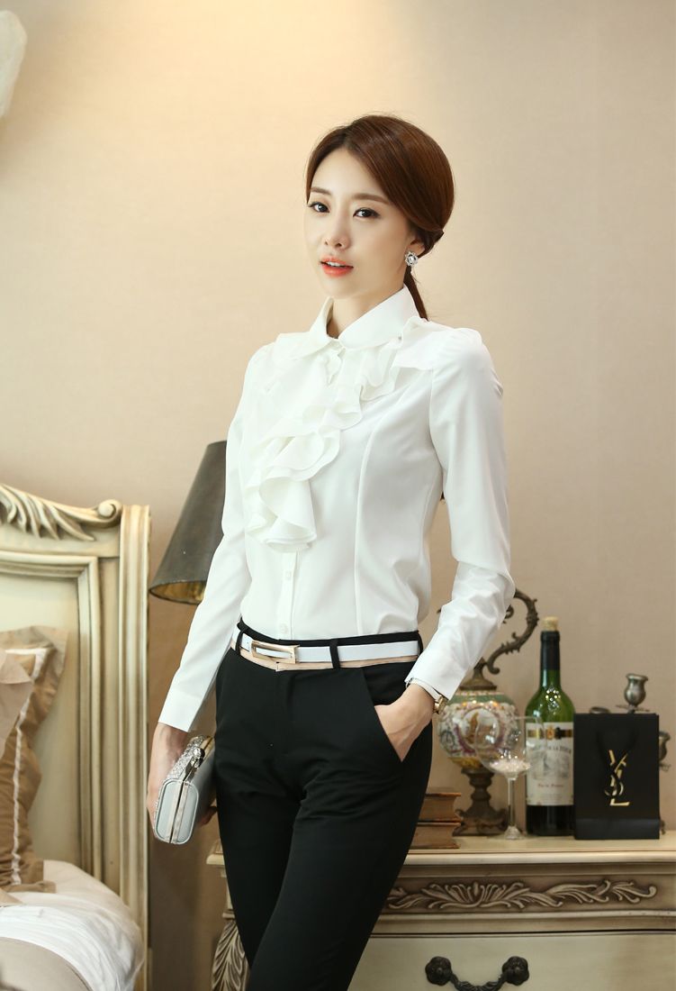 Size M-2XL women's clothing women's lotus ruffle white long-sleeved tops ladies professional lapel clothes girls blouse