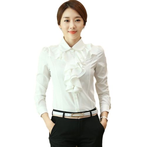 Size M-2XL women's clothing women's lotus ruffle white long-sleeved tops ladies professional lapel clothes girls blouse