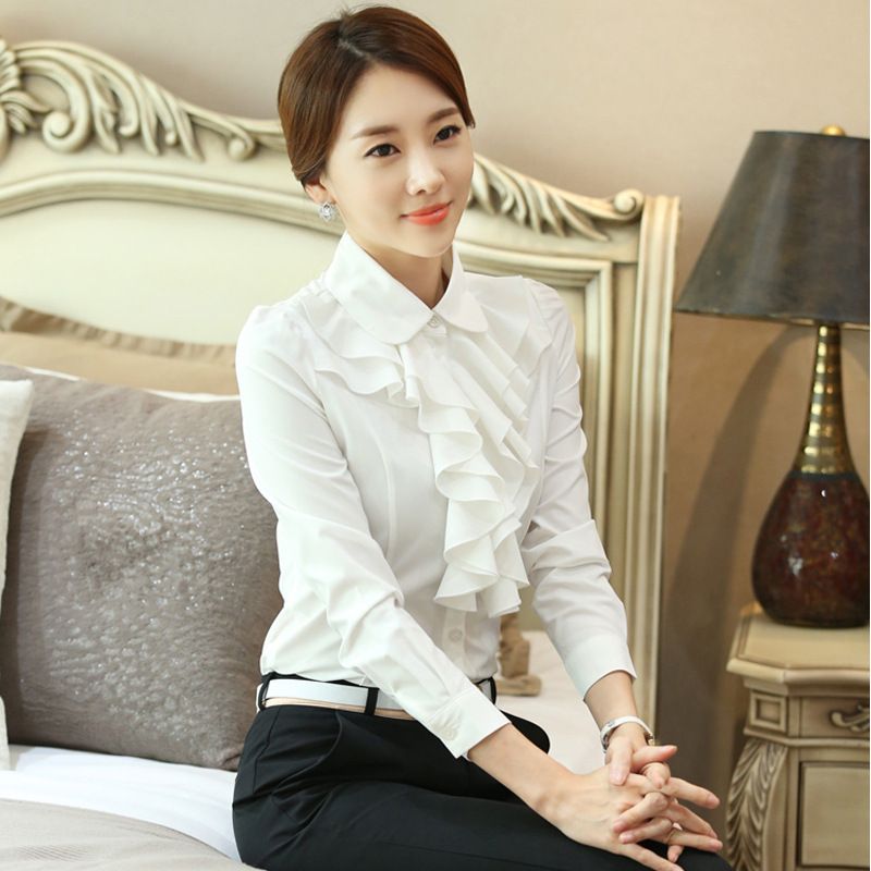Size M-2XL women's clothing women's lotus ruffle white long-sleeved tops ladies professional lapel clothes girls blouse